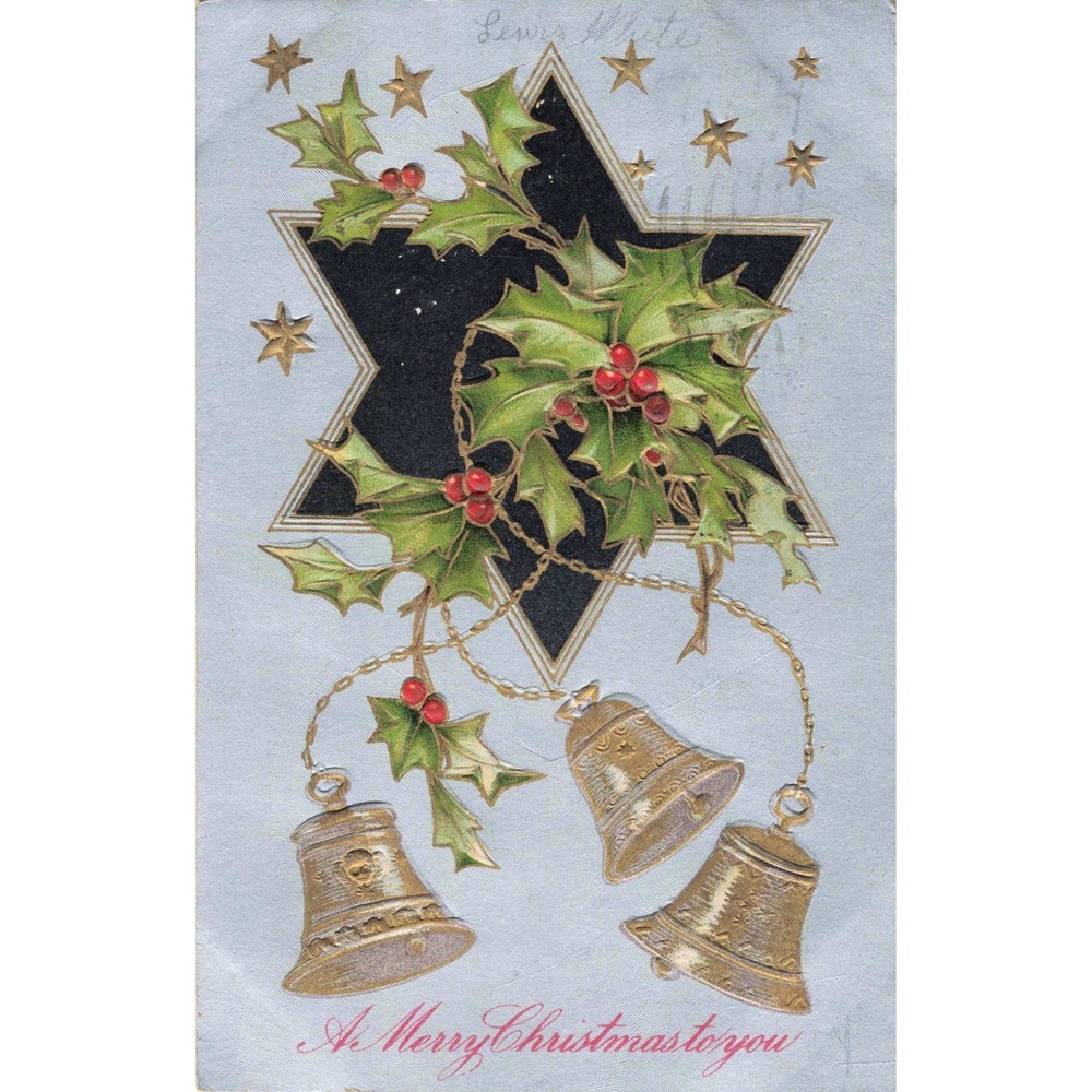 Vintage 1909 Christmas Postcard Embossed Holly Gold Bells Schenectady NY Germany - Picture 1 of 2